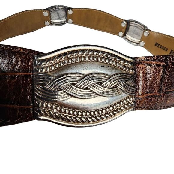 VINTAGE Fossil Etched Silver Hardware Tan Leather Belt M - Picture 5 of 12